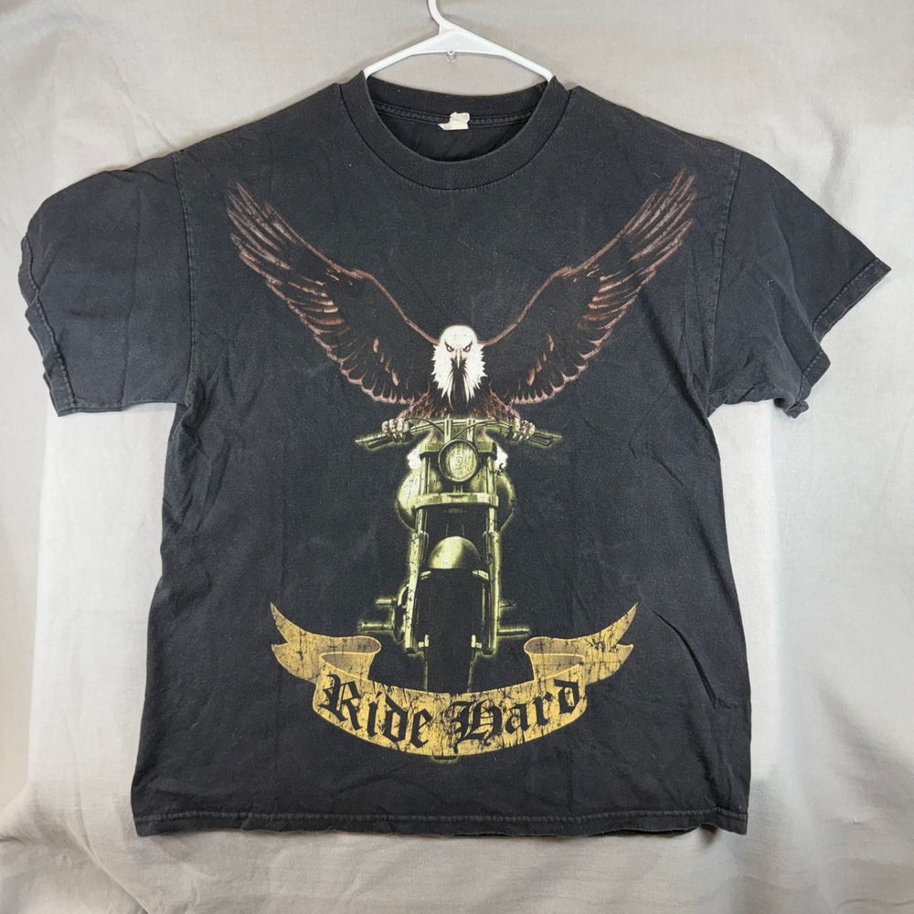 Vintage Mens Large Y2K Ride Hard Eagle Motorcycle T-Shirt Harley Davison ALT